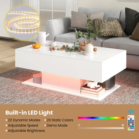 Modern LED Coffee Table with 20 Color LED Lights and 2 Storage Drawers-White