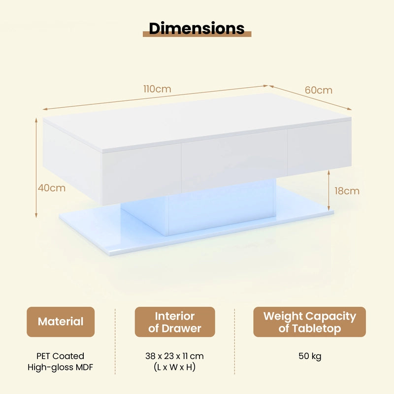 Modern LED Coffee Table with 20 Color LED Lights and 2 Storage Drawers-White