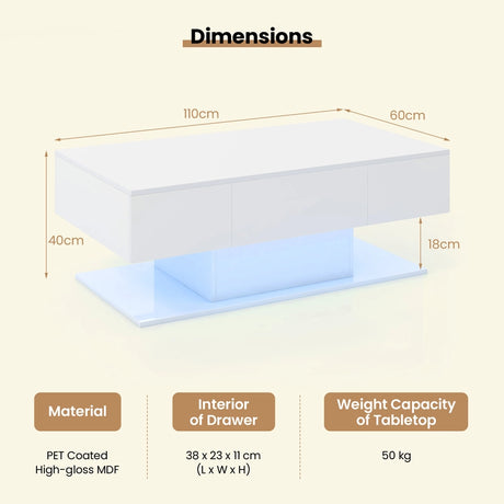 Modern LED Coffee Table with 20 Color LED Lights and 2 Storage Drawers-White