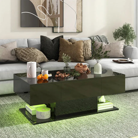 Modern LED Coffee Table with 20 Color LED Lights and 2 Storage Drawers-Black