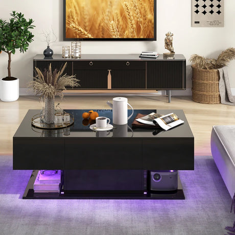 Modern LED Coffee Table with 20 Color LED Lights and 2 Storage Drawers-Black