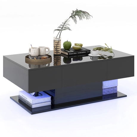 Modern LED Coffee Table with 20 Color LED Lights and 2 Storage Drawers-Black