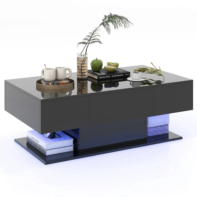 Modern LED Coffee Table with 20 Color LED Lights and 2 Storage Drawers-Black