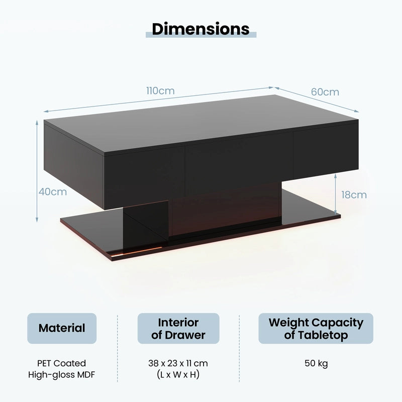 Modern LED Coffee Table with 20 Color LED Lights and 2 Storage Drawers-Black