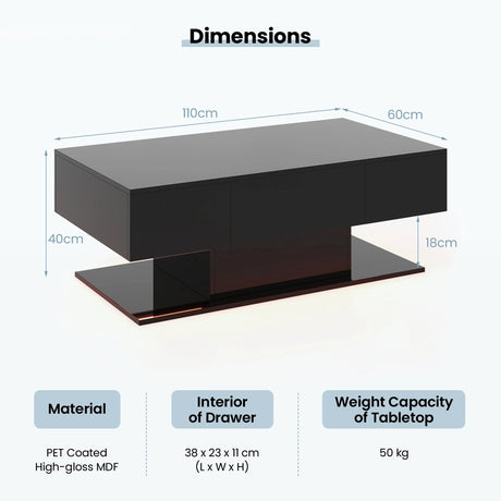 Modern LED Coffee Table with 20 Color LED Lights and 2 Storage Drawers-Black