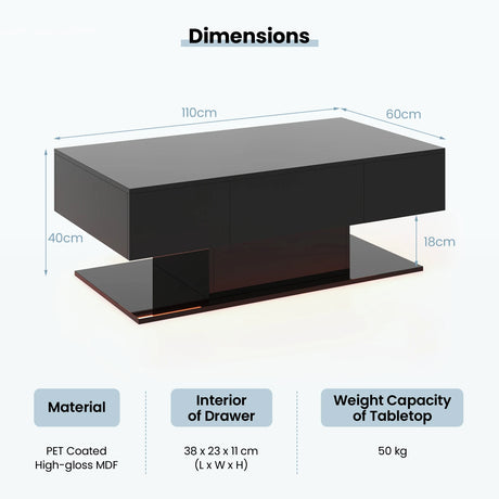 Modern LED Coffee Table with 20 Color LED Lights and 2 Storage Drawers-Black