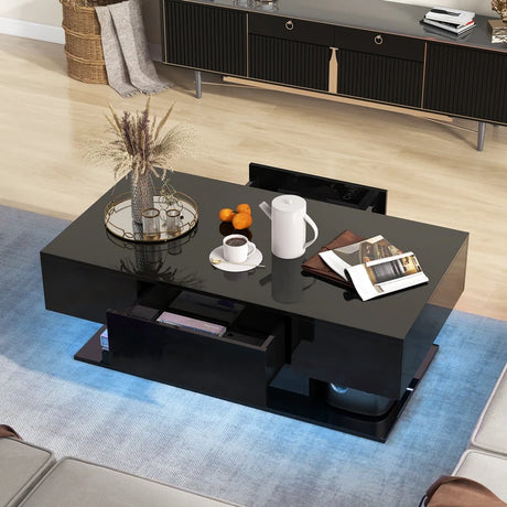 Modern LED Coffee Table with 20 Color LED Lights and 2 Storage Drawers-Black