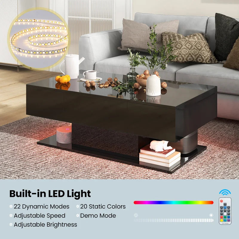 Modern LED Coffee Table with 20 Color LED Lights and 2 Storage Drawers-Black