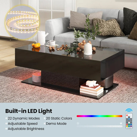 Modern LED Coffee Table with 20 Color LED Lights and 2 Storage Drawers-Black