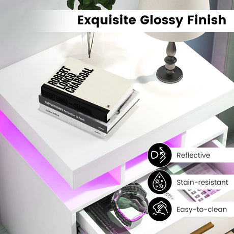 High Gloss Bedside Table with Adjustable Light Mode and Remote Control-White