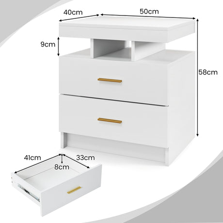 High Gloss Bedside Table with Adjustable Light Mode and Remote Control-White