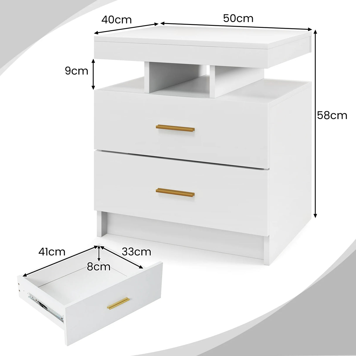 High Gloss Bedside Table with Adjustable Light Mode and Remote Control-White