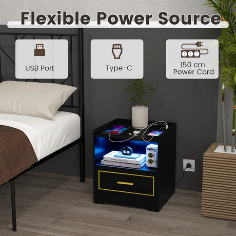 LED Nightstand with USB and Type-C Port-Black