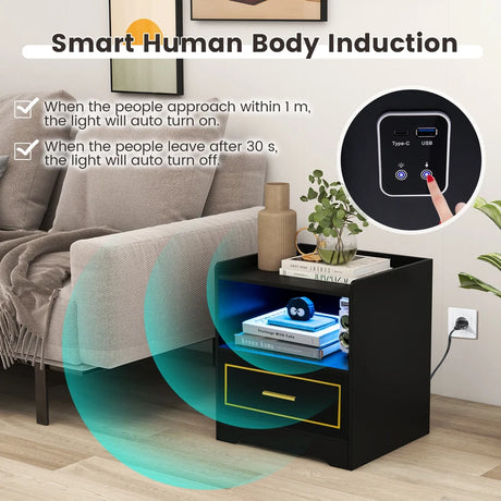 LED Nightstand with USB and Type-C Port-Black