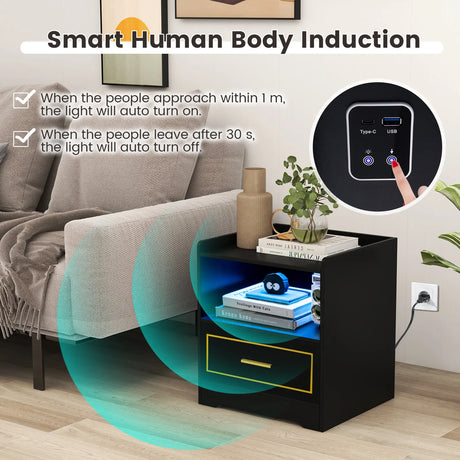 LED Nightstand with USB and Type-C Port-Black
