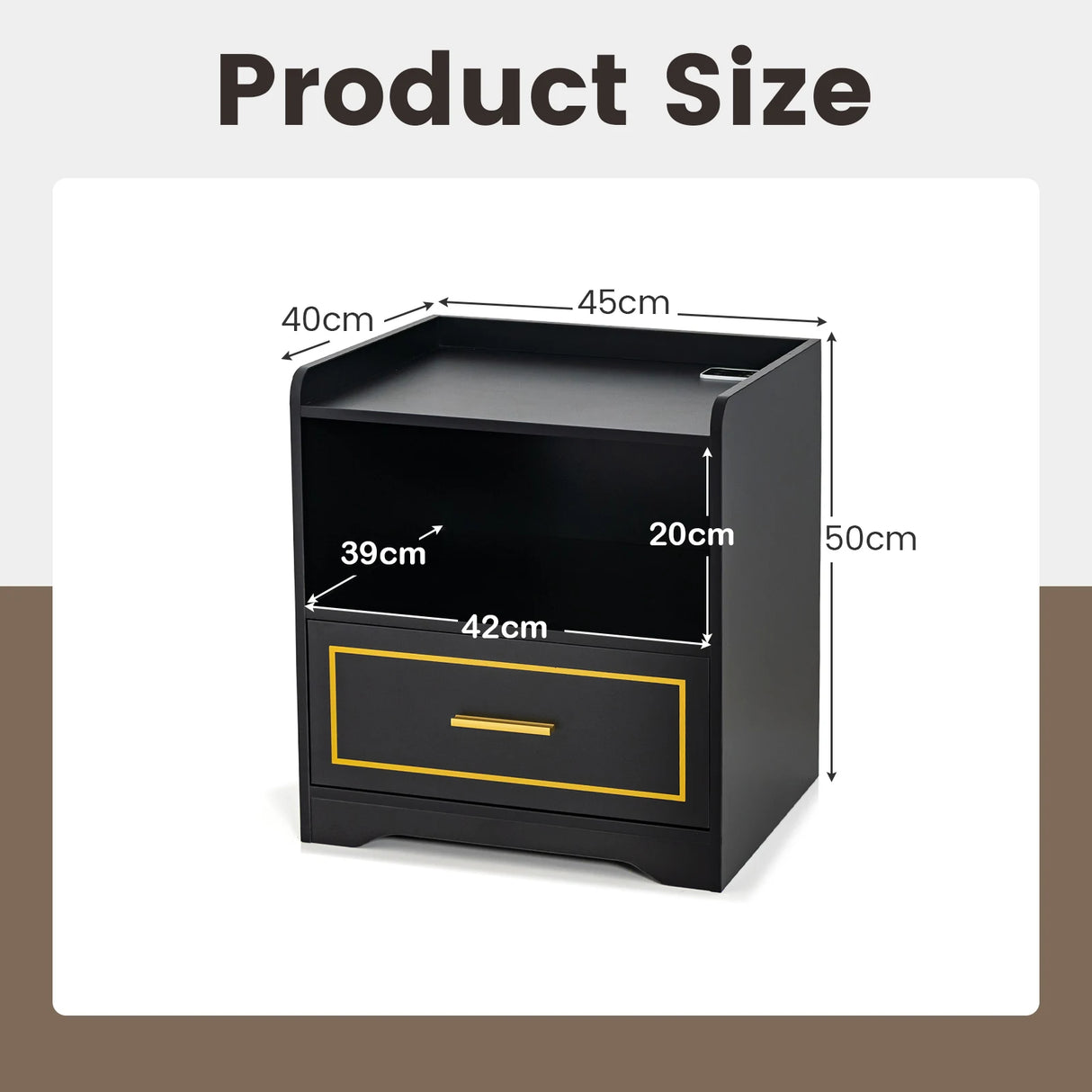 LED Nightstand with USB and Type-C Port-Black