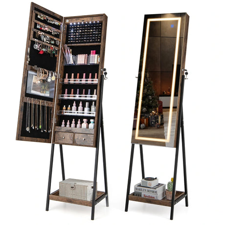 LED Standing Jewelry Mirror Cabinet with 3-Color Lighted Full-Length Mirror-Rustic Brown