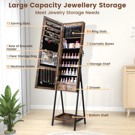 LED Standing Jewelry Mirror Cabinet with 3-Color Lighted Full-Length Mirror-Rustic Brown