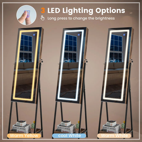 LED Standing Jewelry Mirror Cabinet with 3-Color Lighted Full-Length Mirror-Rustic Brown
