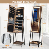 LED Standing Jewelry Mirror Cabinet with 3-Color Lighted Full-Length Mirror-Rustic Brown