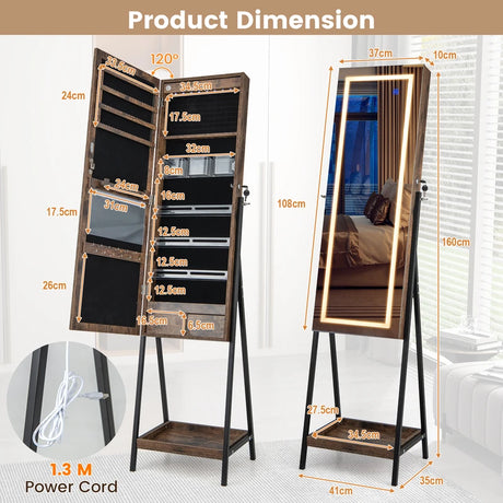 LED Standing Jewelry Mirror Cabinet with 3-Color Lighted Full-Length Mirror-Rustic Brown
