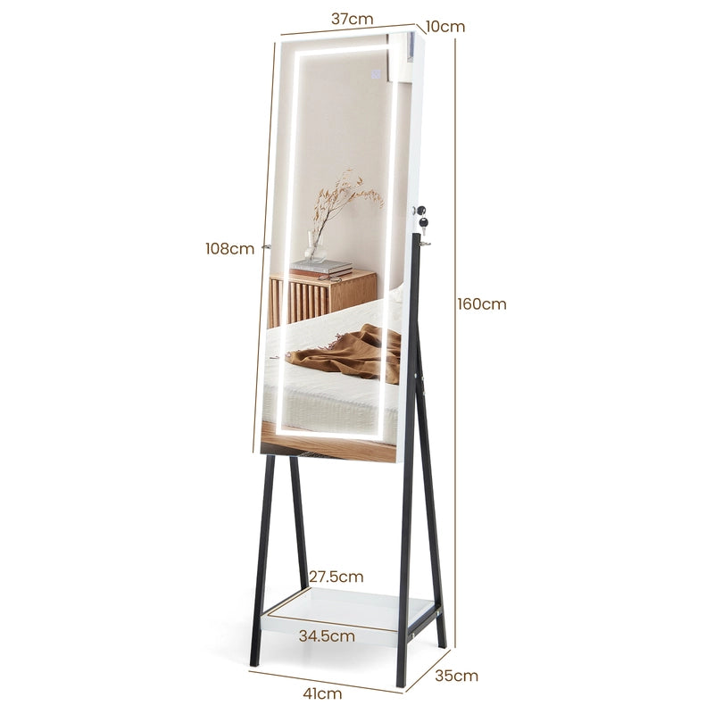 LED Standing Jewelry Mirror Cabinet with 3-Color Lighted Full-Length Mirror-White