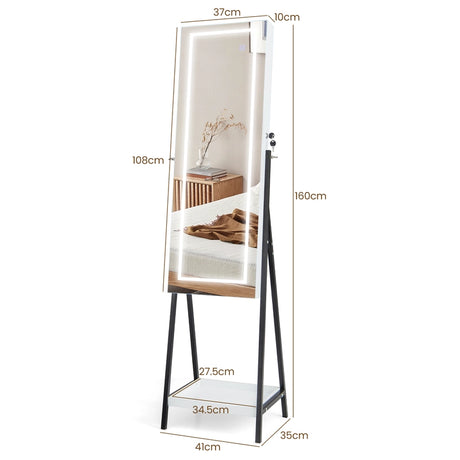 LED Standing Jewelry Mirror Cabinet with 3-Color Lighted Full-Length Mirror-White