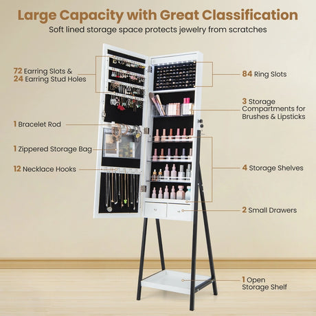 LED Standing Jewelry Mirror Cabinet with 3-Color Lighted Full-Length Mirror-White