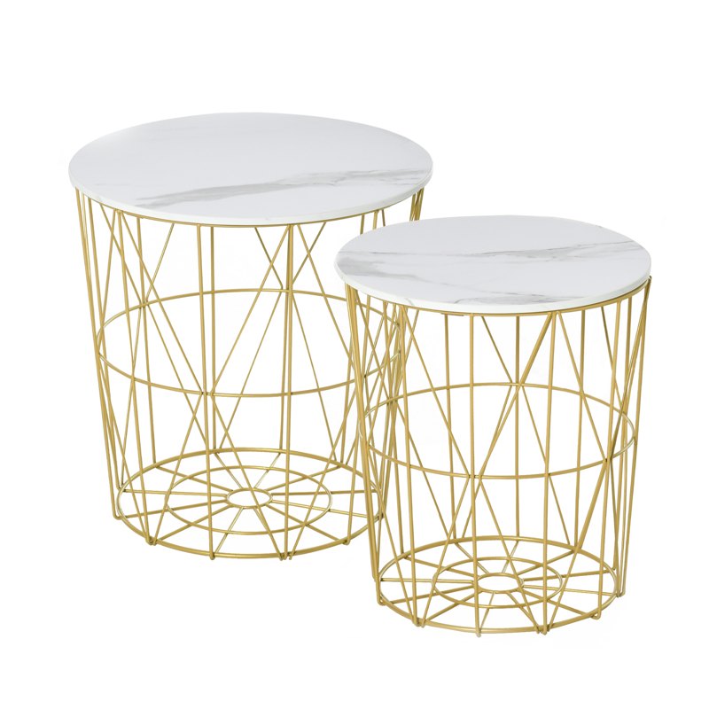 HOMCOM Set of 2 Nesting Side Tables with Storage, Round End Tables Coffee Tables with Steel Frame and Removable Round Top, for Living Room, bedroom, office, White