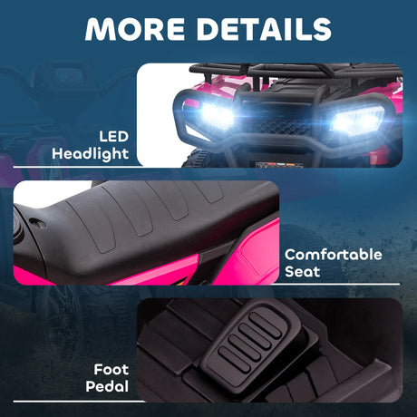 HOMCOM 12V Kids Quad Bike with Forward, Reverse Functions, Ride-On ATV w/ Music, LED, Headlights, for Ages 3-5 Years - Pink