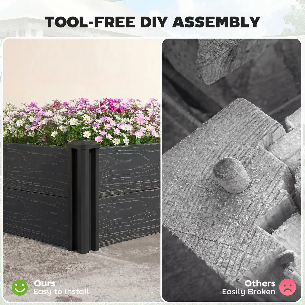 Outsunny Vinyl Raised Garden Bed Kit, 2 x 2 x 1ft Modular Elevated Garden Box with Slotting Legs and Open Bottom, Dark Grey