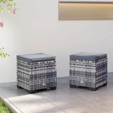 Outsunny Set of 2 Rattan Storage Ottoman, Outdoor Footstool with Removable Cushions, Garden Storage Seat for Balcony, Porch, Living Room, Dark Grey