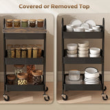 HOMCOM 3-Tier Kitchen Storage Trolley with on Wheels Cover Top Board - Rustic Brown and Black