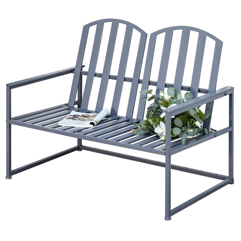 Outsunny Steel Patio Garden Bench Loveseats for Outdoors Park Yard Slatted Design Grey