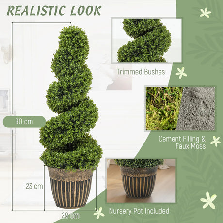 HOMCOM Set of 2 Artificial Plants, Topiary Spiral Boxwood Trees with Pot, for Home Indoor Outdoor Decor, 90cm