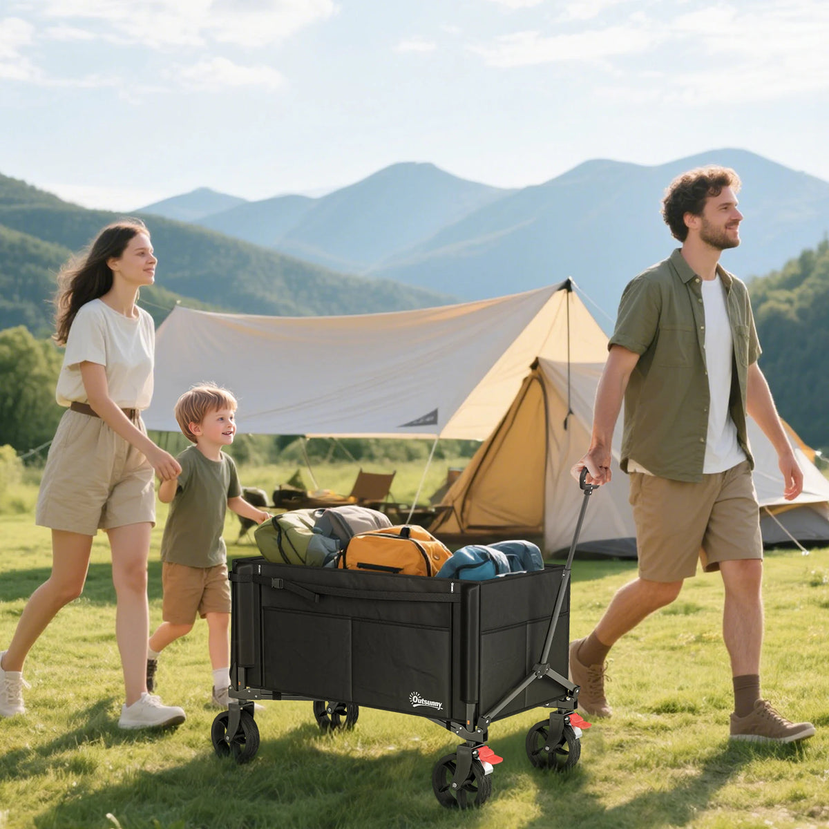 Outsunny Festival Trolley on Wheels, 150L Folding Camping Trolley Cart with Openable Sides, Adjustable Handle and Brakes for Shopping Beach Garden Fishing, Black