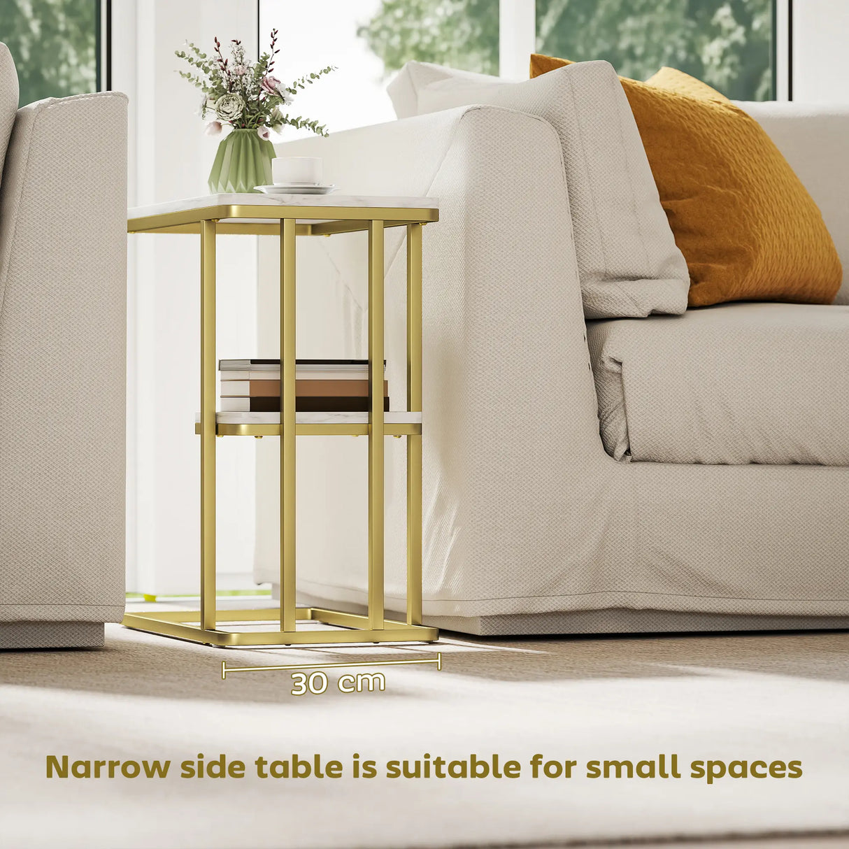 HOMCOM C-Shaped Narrow Side Table, 2-Tier Slim End Table, Nightstand for Small Spaces, Living Room, Bedroom, White Marble Grain