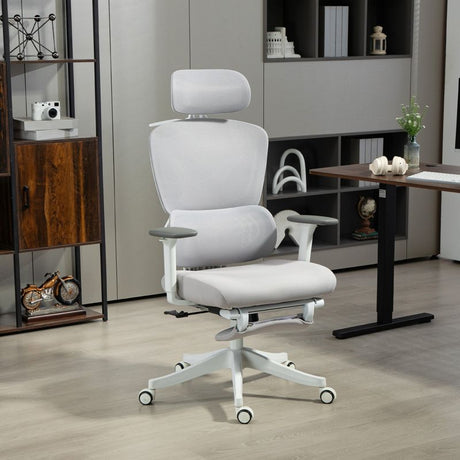 HOMCOM Executive Office Chair, Ergonomic Mesh Desk Chair with 3D Armrests, Rotatable Headrest, Adjustable Lumbar Support, Recliner Computer Swivel Chair with Footrest for Home Office, Grey