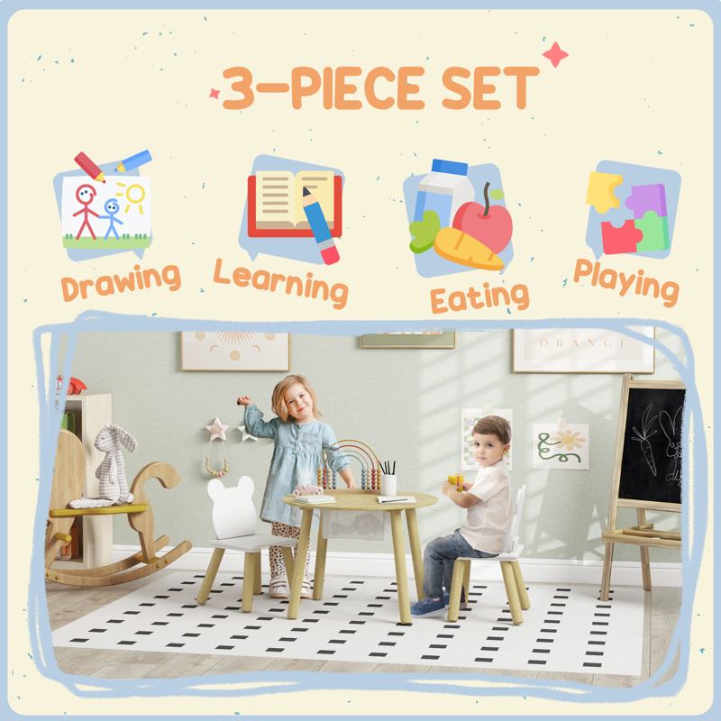 AIYAPLAY 3-Piece Kids Activity Table Set with Centre Mesh Bag, Bear-Shaped Backrest, for Arts and Crafts, Reading, Dining