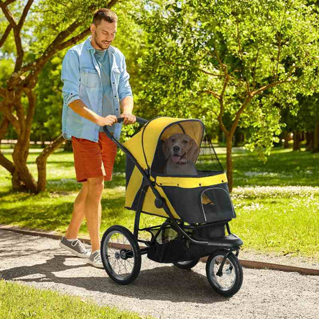 PawHut Foldable Pet Stroller Jogger, with Three Wheels, Canopy, for Medium and Small Dogs, Yellow