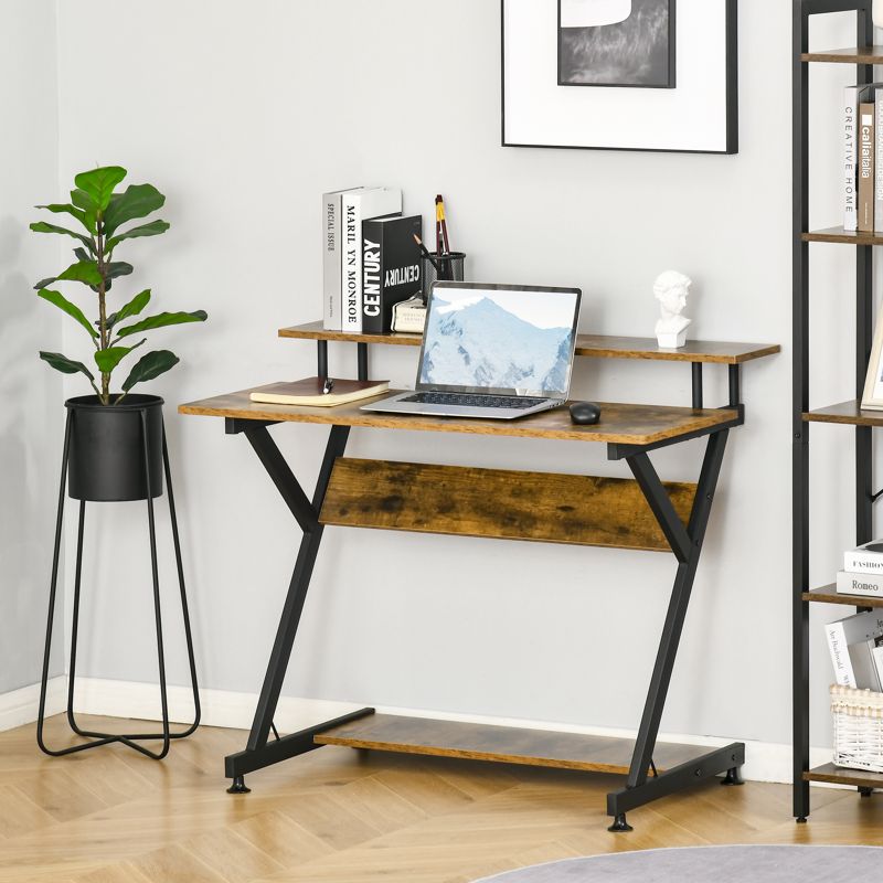 HOMCOM Industrial Computer Desk with Monitor Stand, 100 x 60cm Compact Desk for Small Spaces, Home Office Desk, Rustic Brown