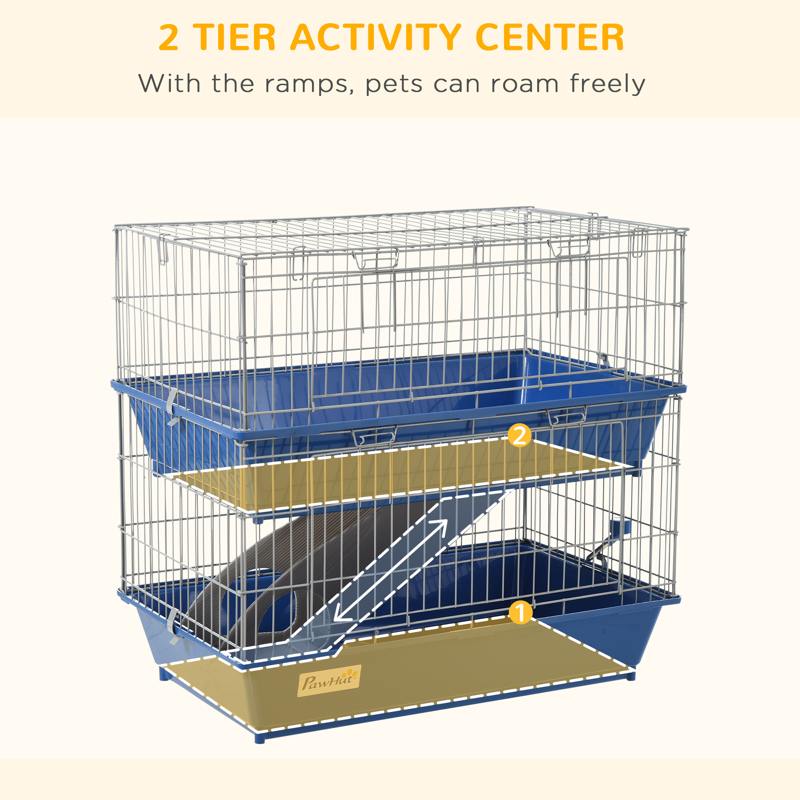 PawHut Double Tier Small Animal Cage Rabbit Chinchillas Cage w/ Ramp Food Dish Water Bottle Deep Trays Pet Home 72 x 44 x 67 cm