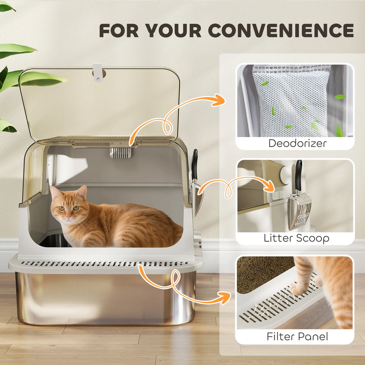 PawHut XXL Stainless Steel Cat Litter Tray, Enclosed Cat Litter Box with 90 Flip Cover, Double Doors, Scoop, Easy Clean, Grey