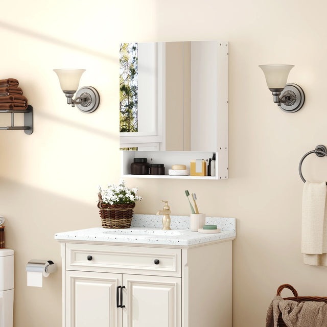 kleankin Bathroom Cabinet with Mirror, Wall Mounted Bathroom Mirror Cabinet with Adjustable Shelf, 2 Doors Storage Cupboard, White