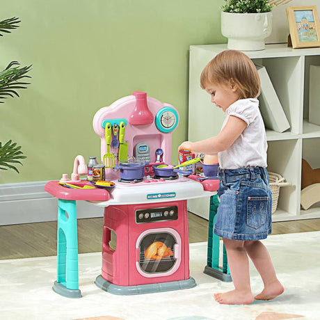 AIYAPLAY 45-Piece Kids Kitchen, Toy Kitchen, with Rotating Side Tables, Lights, Sound Spray