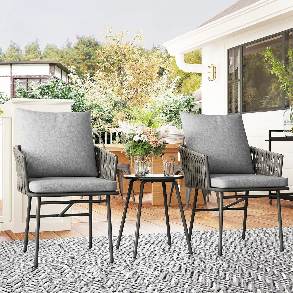 Outsunny 3-Piece Rattan Bistro Set, Garden Table and Chairs with 4 Cushions, Patio Rattan Conversation Furniture Set for Balcony, Porch, Terrace, Grey