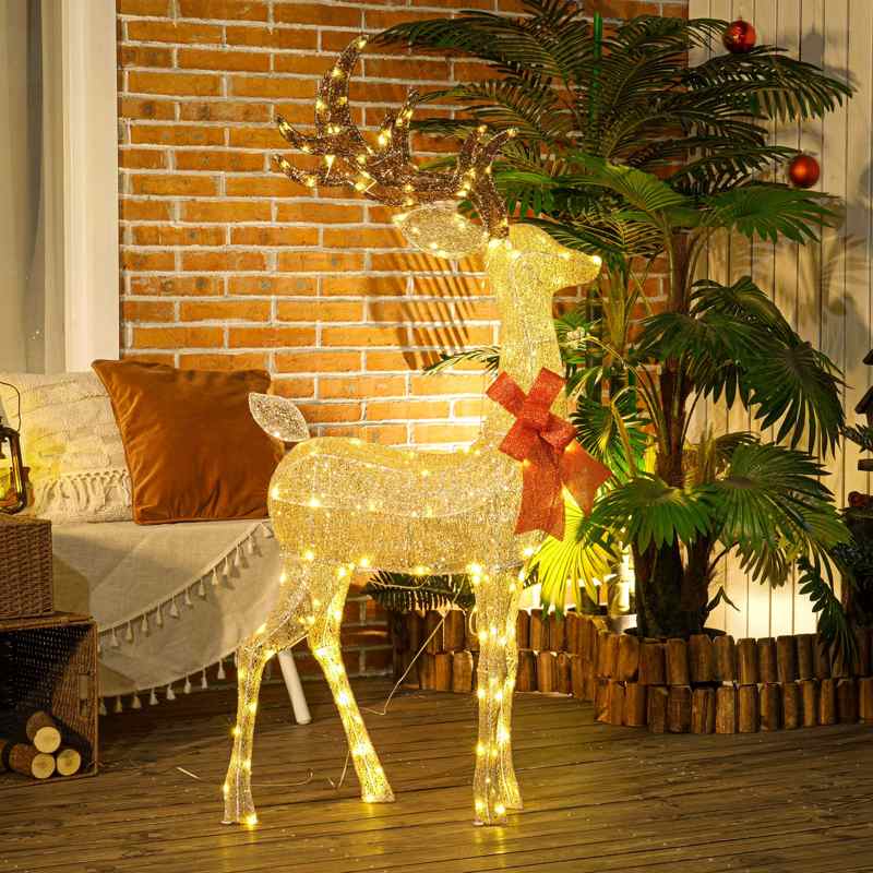 Outsunny Lighted Reindeer Christmas Decoration, Light Up Christmas Deer with 137 LED Lights for Indoor, Outdoor, Garden, Lawn, Gold Tone