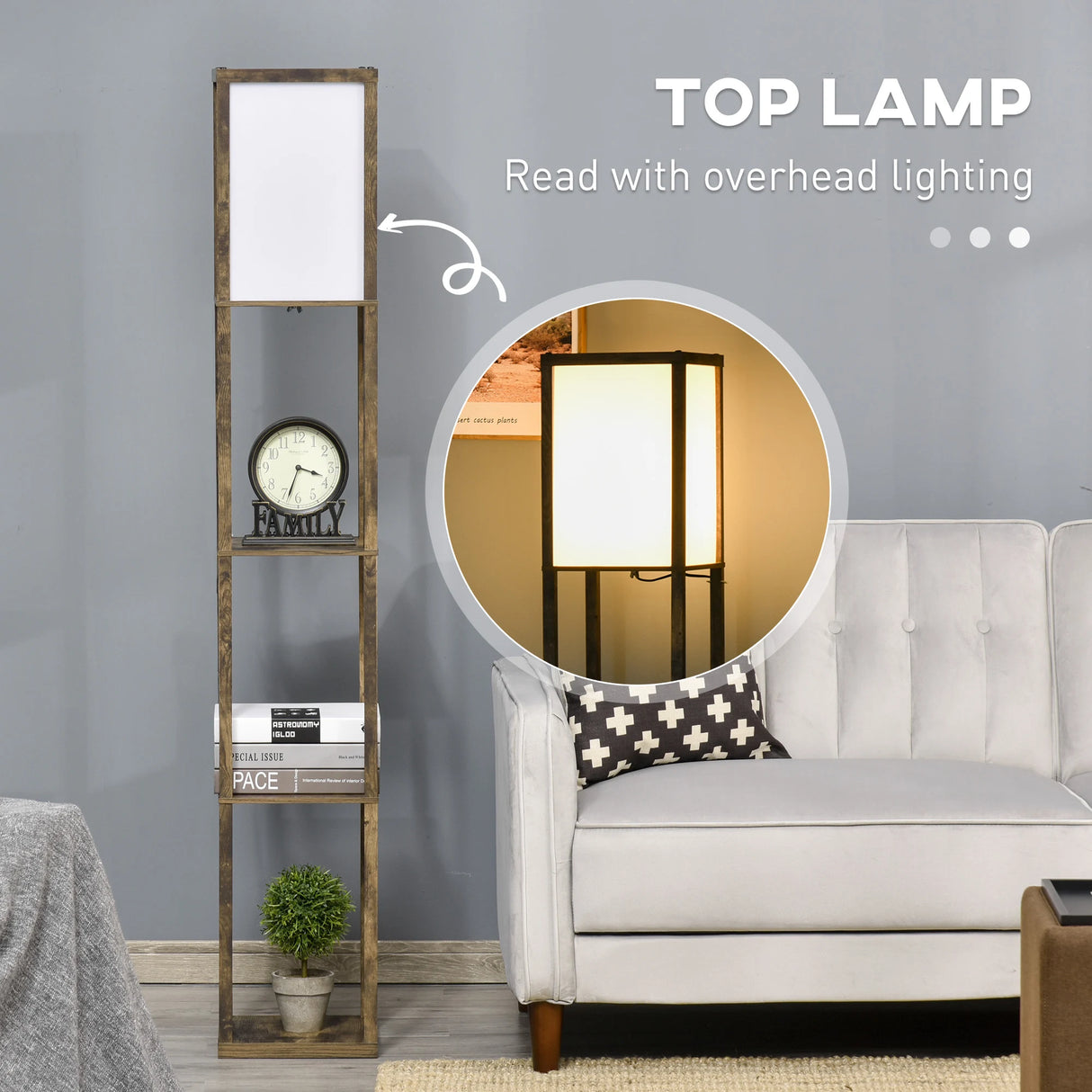 HOMCOM 3-Tier Floor Lamp, Floor Light with Storage Shelf, Reading Standing Lamp with Acrylic Shade for Living Room, Bedroom, Kitchen, Dining Room, Office, Dorm, 160cm, Brown