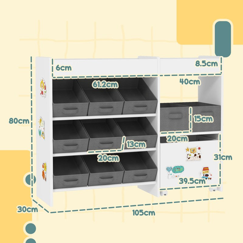 AIYAPLAY Kids Toy Storage Unit with 11 Bins, Cabinet, Top Shelves, 3 Stickers, for Nursery, Playroom, Kindergarten, White