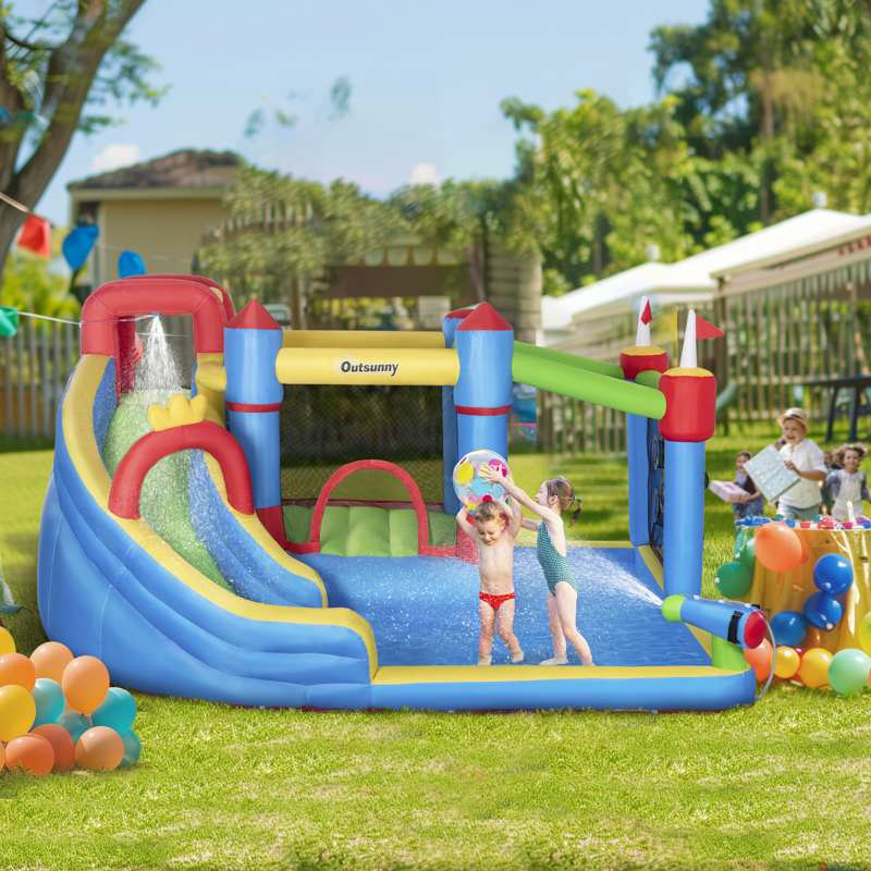 Outsunny Kids Inflatable Bouncy Castle Water Slide 6 in 1 Bounce House Jumping Castle Water Gun Climbing Wall with Air Blower for Age 3-8, 3.9 x 3 x 2m